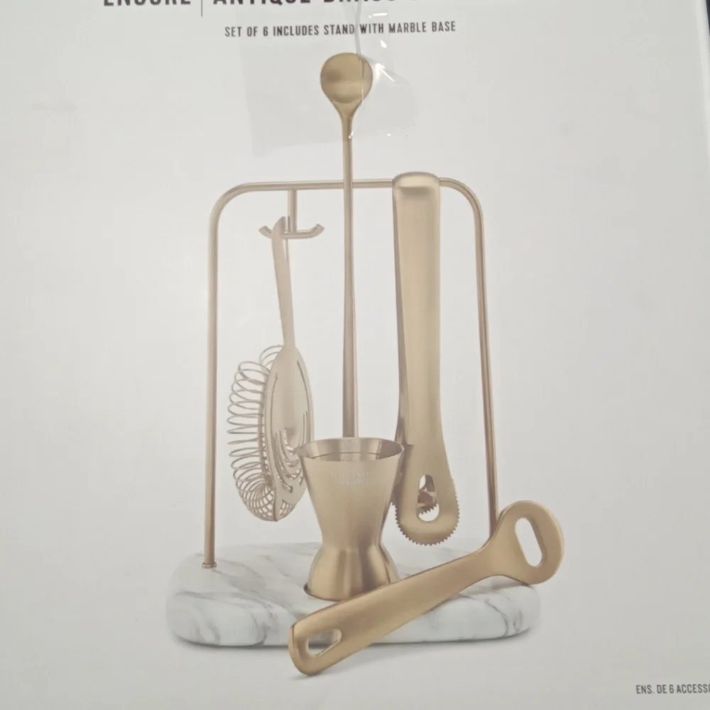 Williams Sonoma Encore Antique Brass Bar Tool Set with Marble Base Barware NIB